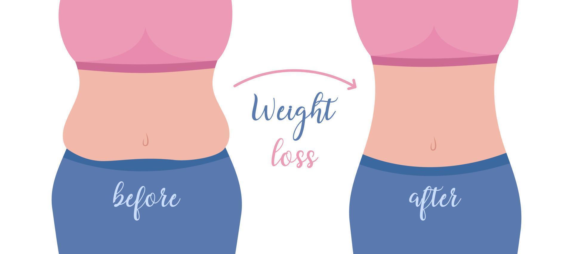 Weight loss before and after. Fat and slim body of woman. Female figure before losing weight and after. Waist of obese and slender girl. Flat vector illustration