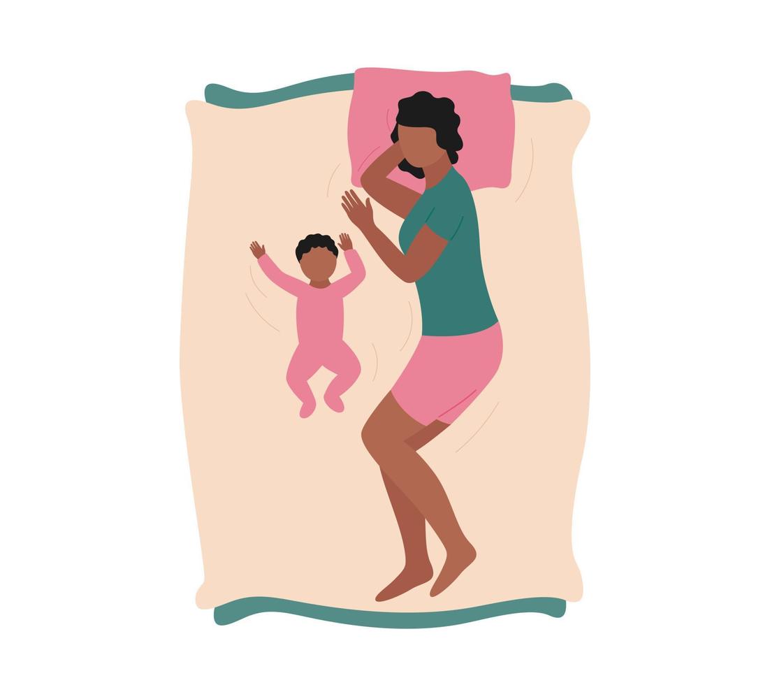 Mother and little child sleeping together. Co-sleep of mom and baby. African american woman and newborn lying on bed. Bedtime routine. Flat vector illustration