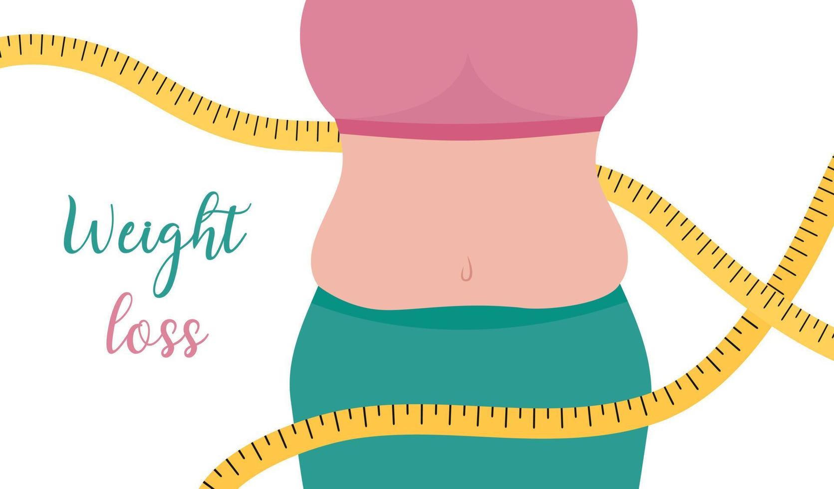 Weight loss banner. Figure of woman with excess weight. Waist and tape measure. Female obese body. Flat vector illustration