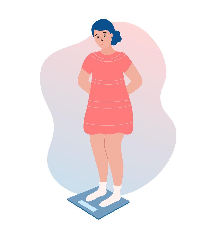 Overweight. Unhappy young woman standing on scales and measuring. Loss weight needed. Sad girl dissatisfied with weight gain. Flat vector illustration