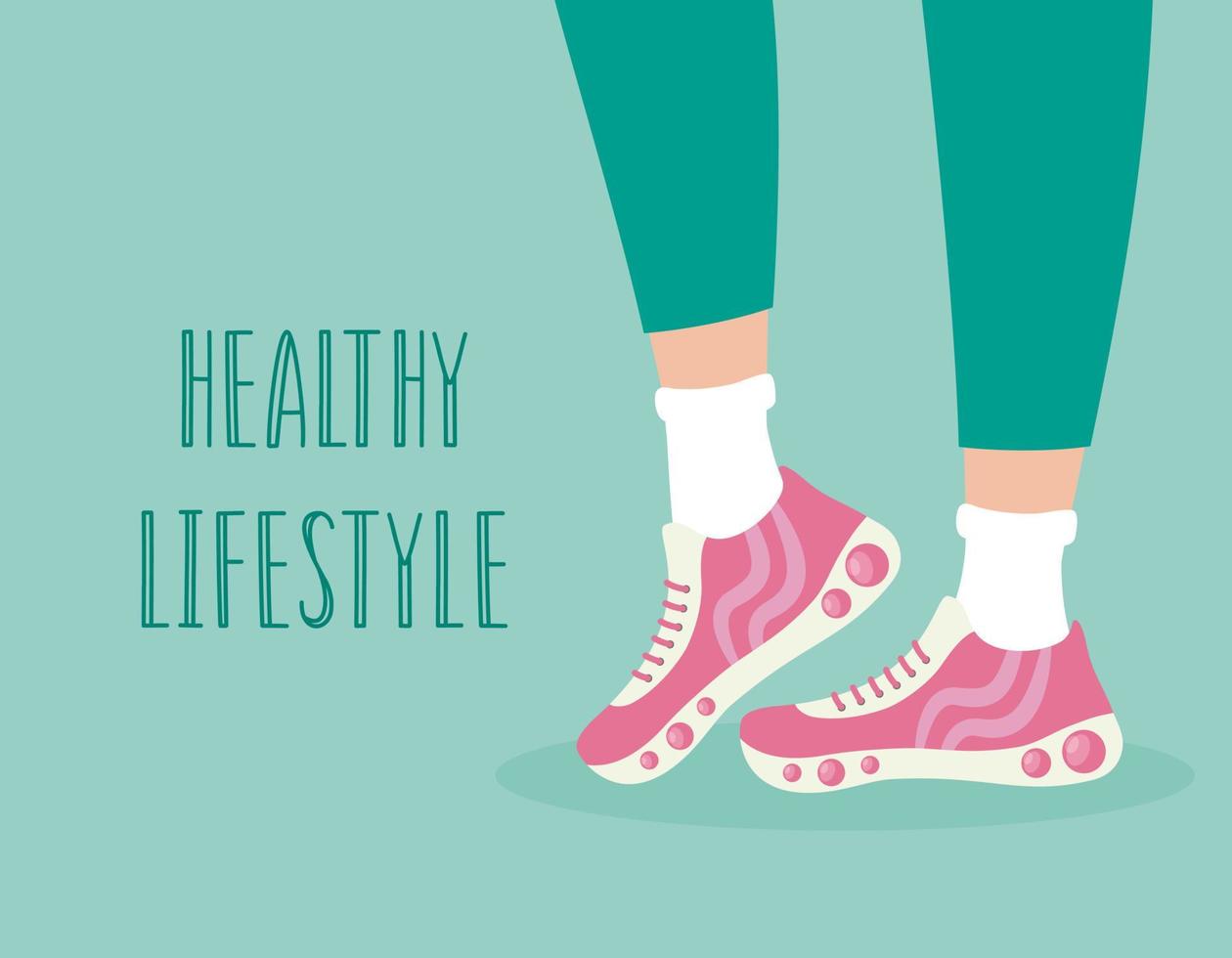 Healthy lifestyle concept. Vector poster with legs of woman in sports sneakers. Fitness background. Flat illustration