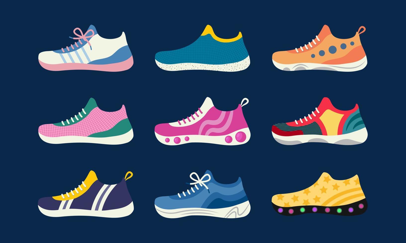 Sneakers isolated. Vector set of sports footwear. Colorful shoes for fitness and daily activity. Flat object illustration