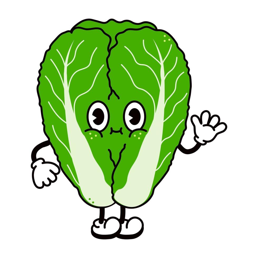 Cute funny Chinese cabbage waving hand character. Vector hand drawn traditional cartoon vintage, retro, kawaii character illustration icon. Isolated on white background. cabbage character concept
