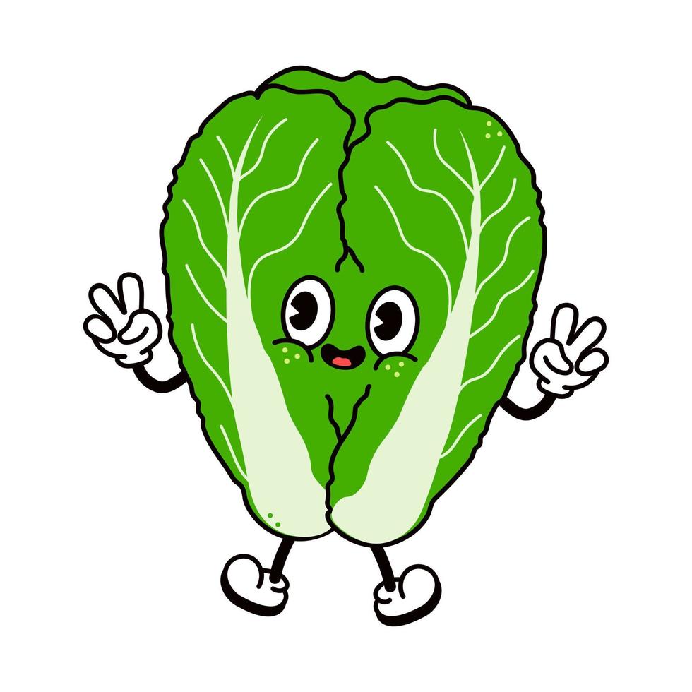 Cute funny Chinese cabbage waving hand character. Vector hand drawn traditional cartoon vintage, retro, kawaii character illustration icon. Isolated on white background. cabbage character concept