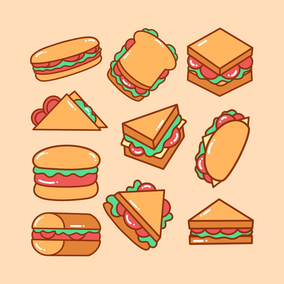 paquete de ilustración de doodle de sándwich vector