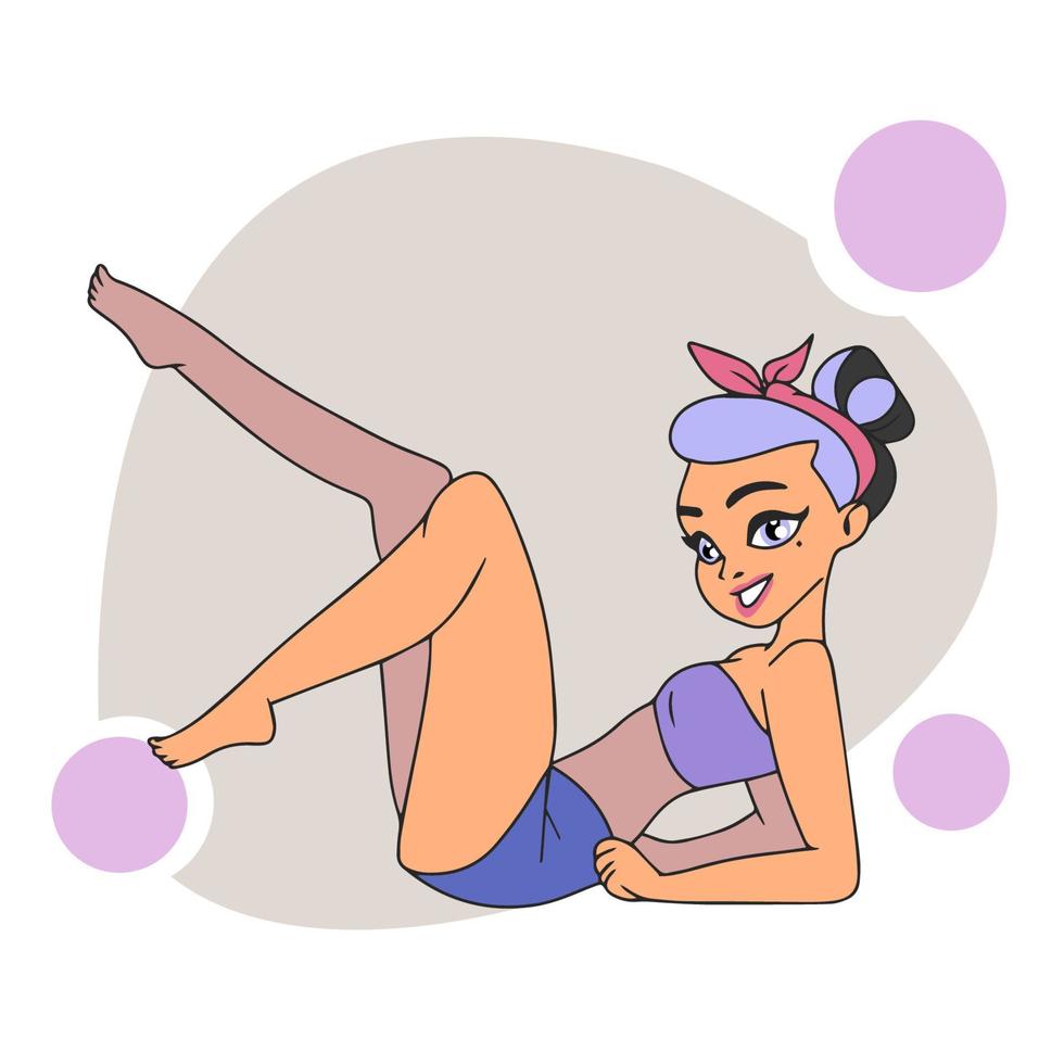 A girl with a slim figure on the beach, in a swimsuit, sunbathes vector