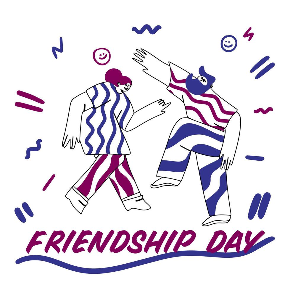 Friends, dancing, line drawing in doodle style vector