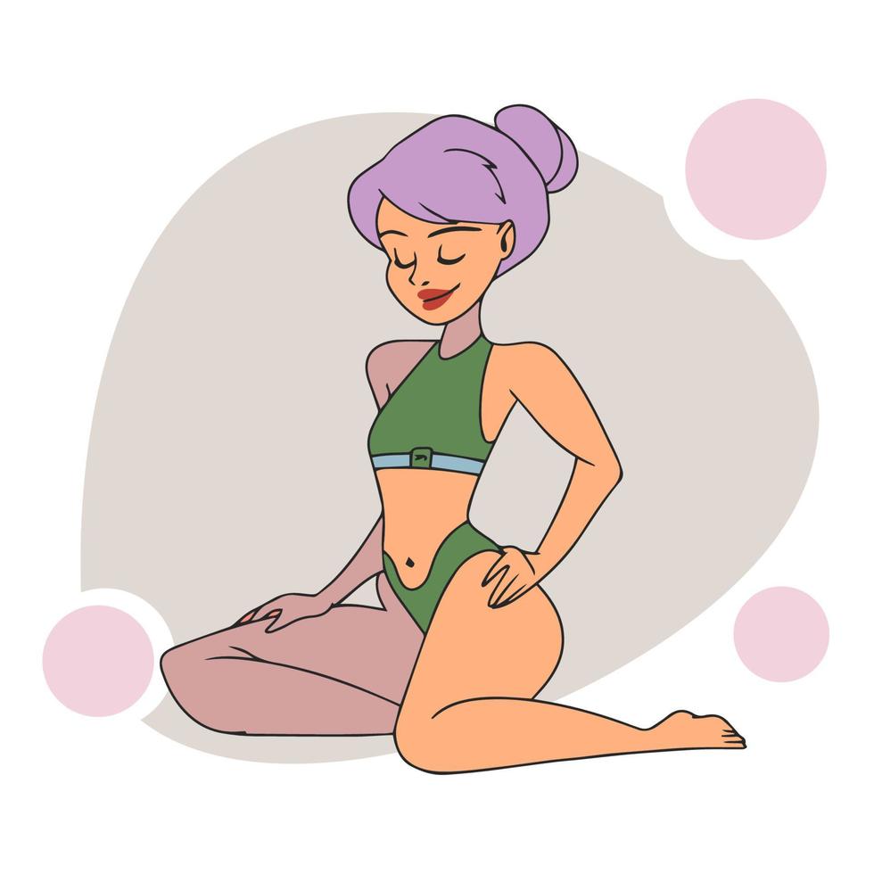 una chica con una figura delgada en la playa, en traje de baño, baños de sol, temporada de verano, estilo de dibujos animados, garabato vector