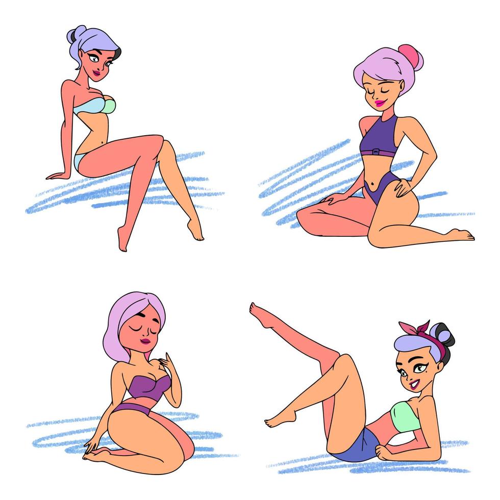 Set of girls with a slim figure on the beach vector