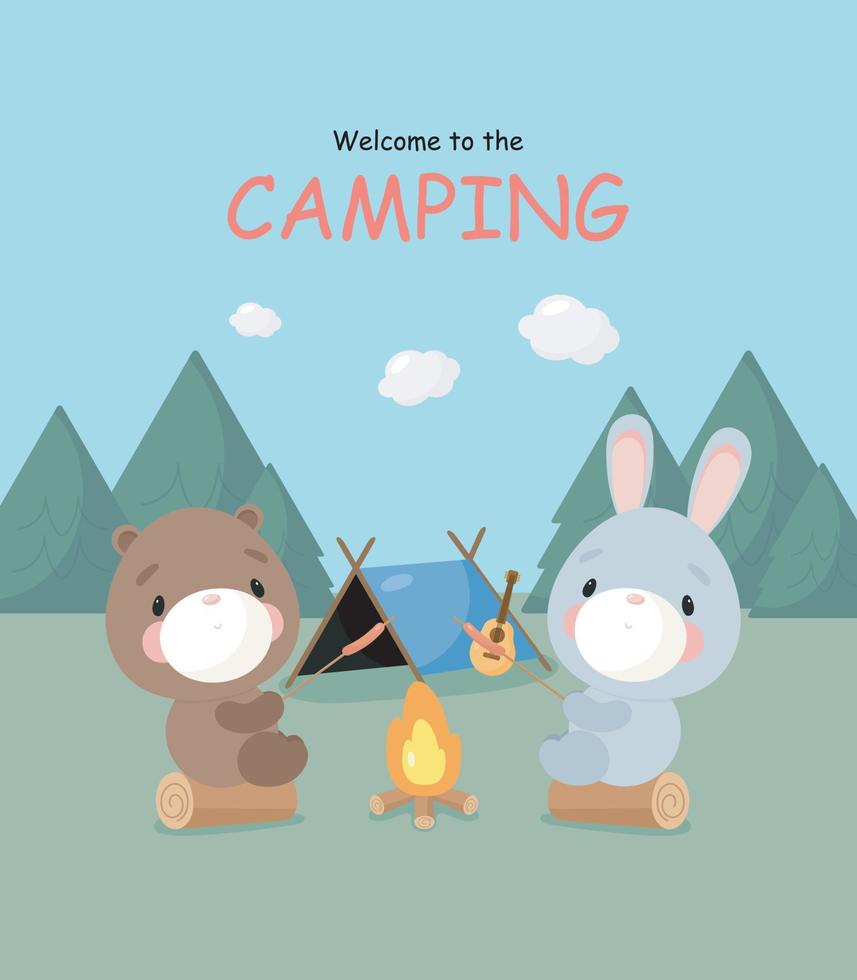 cartel de camping con lindo oso y salchichas fritas de conejo. estilo de dibujos animados ilustración vectorial vector