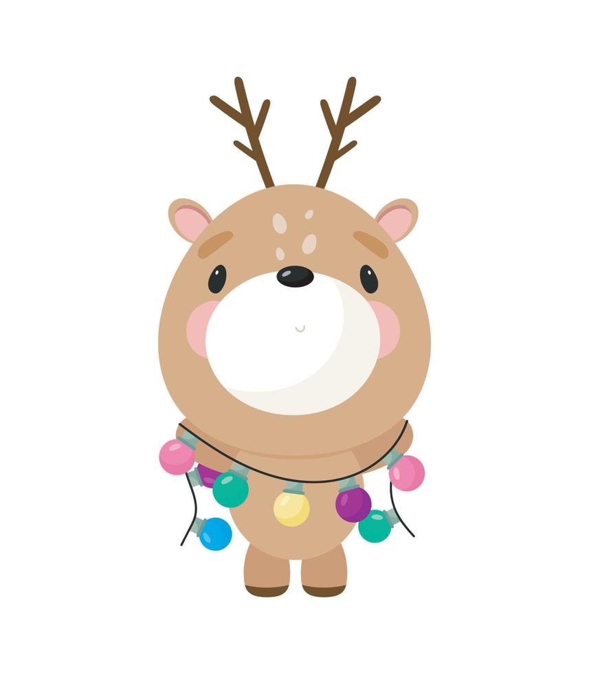 Christmas deer with garland. Cartoon style. Vector illustration. For card, posters, banners, books, printing on the pack, printing on clothes, textile or dishes.