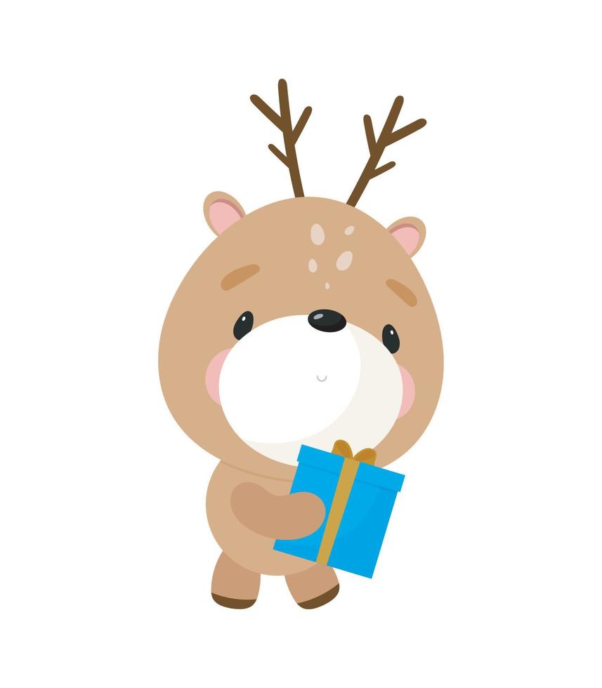 Christmas deer with gift . Cartoon style. Vector illustration. For card, posters, banners, books, printing on the pack, printing on clothes, textile or dishes.