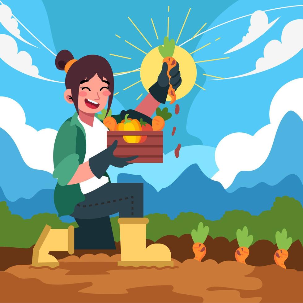 Harvesting Carrots in The Garden vector