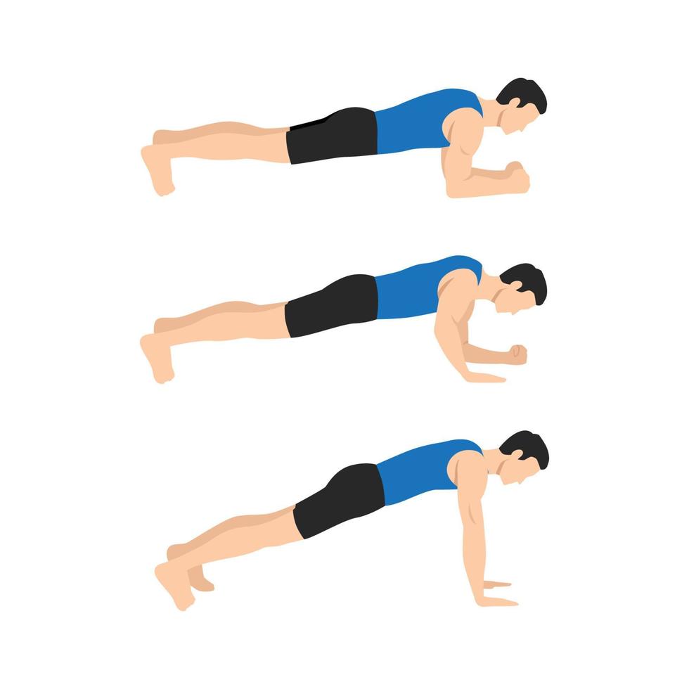 Man doing plank get ups exercise flat vector illustration isolated on white background