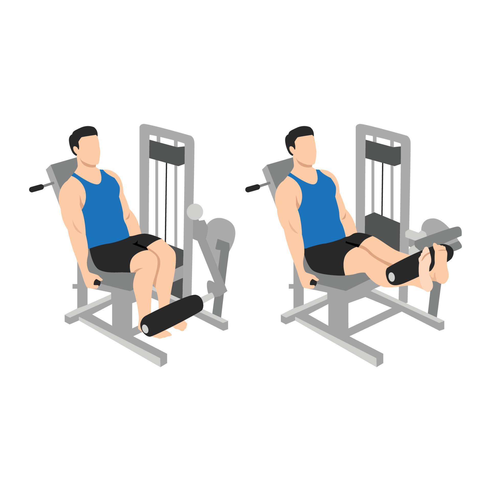 Man doing leg extension on machine exercise. Flat vector illustration