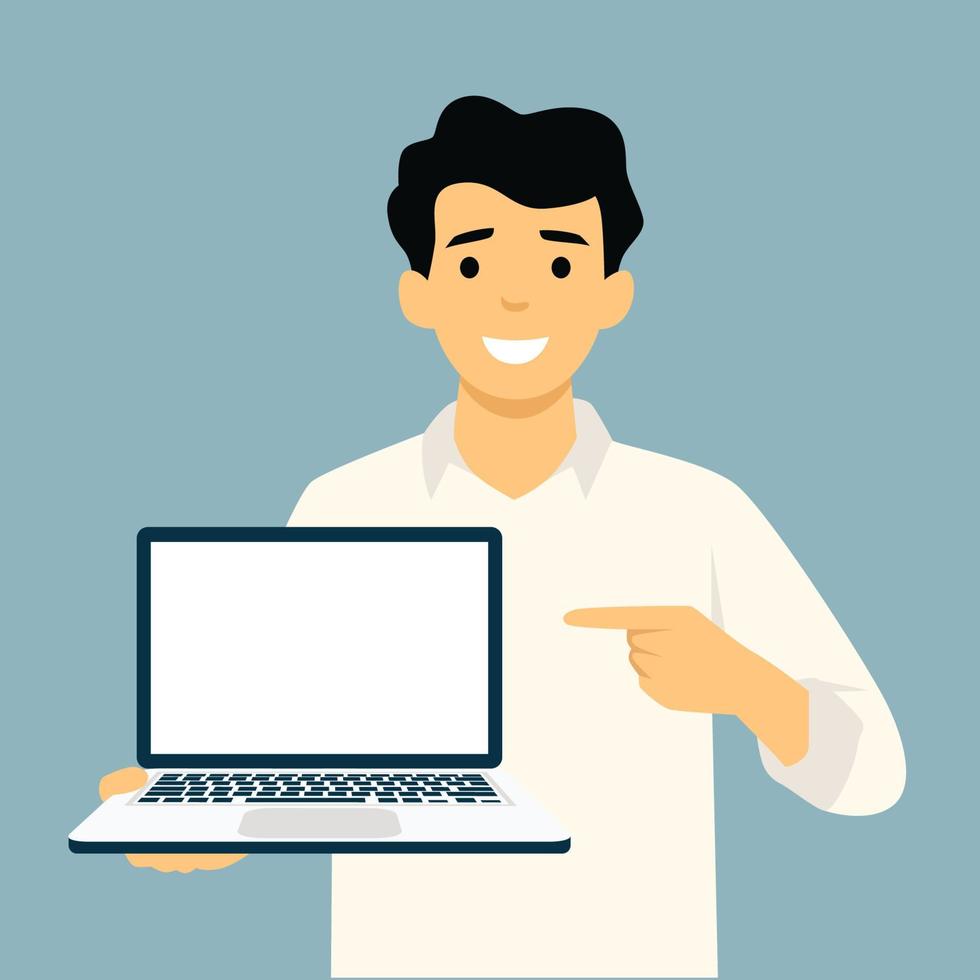 Businessman holding laptop notebook and showing the thumb up. Full length portrait of businessman in a flat style. Vector illustration.