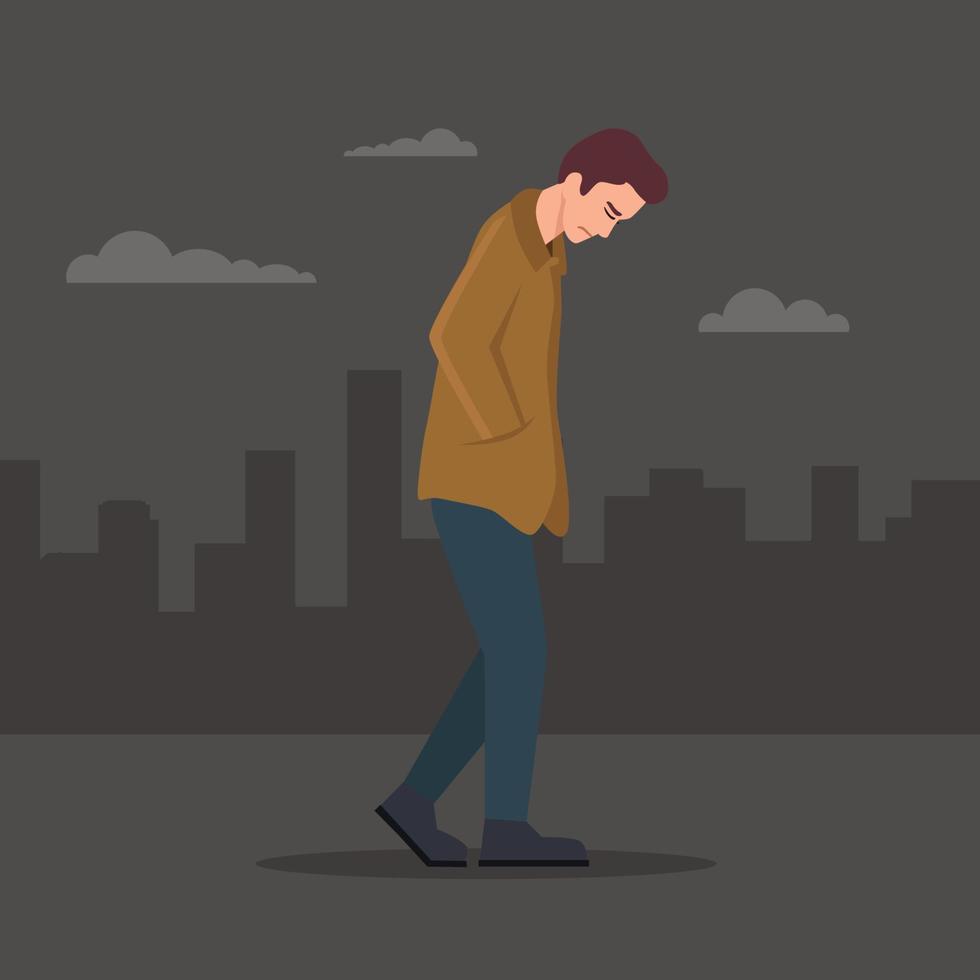 Young man in despair. The guy in profile is under great stress. Depressive disorder. Vector illustration in flat style.