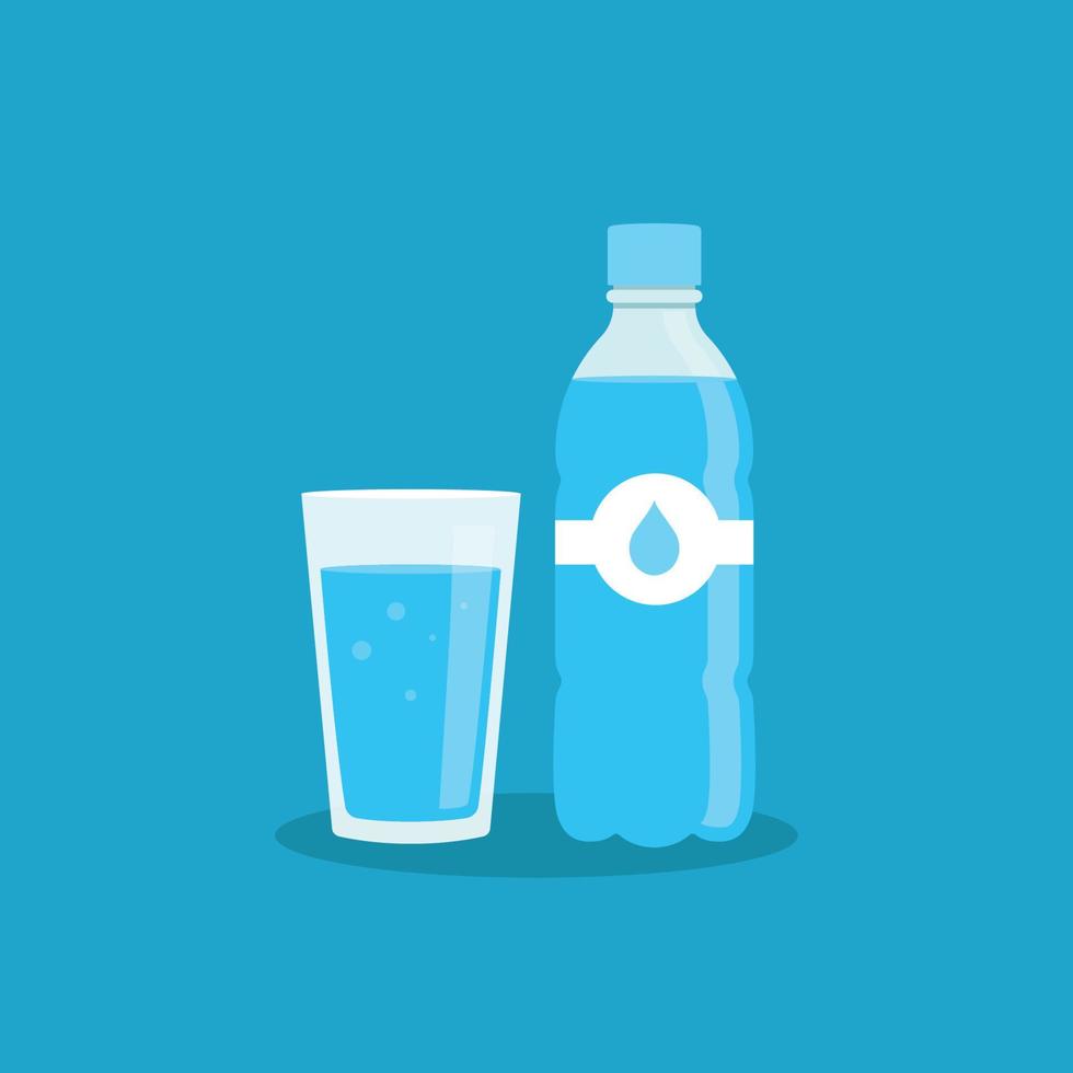 Plastic bottle and glass of water. Water drop sign. Vector illustration