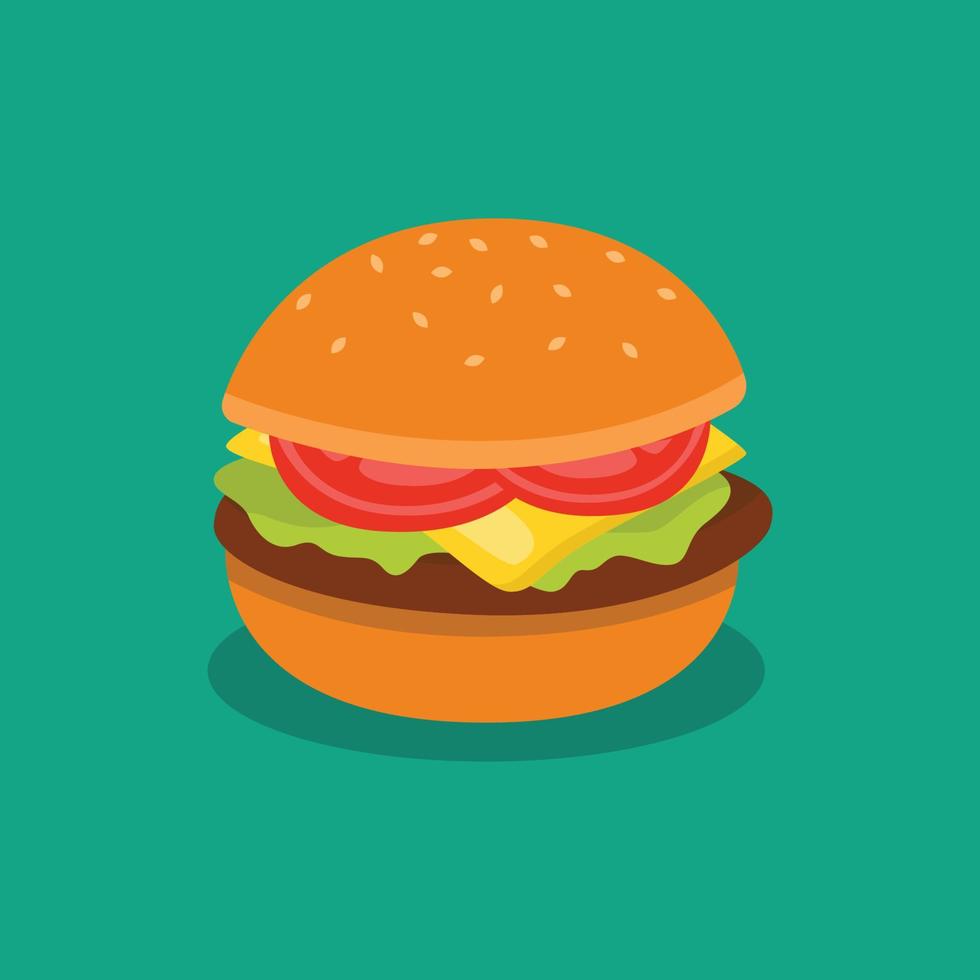 Colorful, bright Hamburger, stock vector illustration isolated on white background. Graphic detailed clipart with bun, cheese, tomatoes, salad. For promotion, advertising, menu.