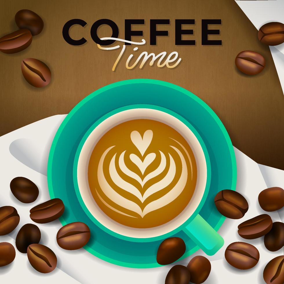 café con leche y granos de café en concepto de tiempo de café vector