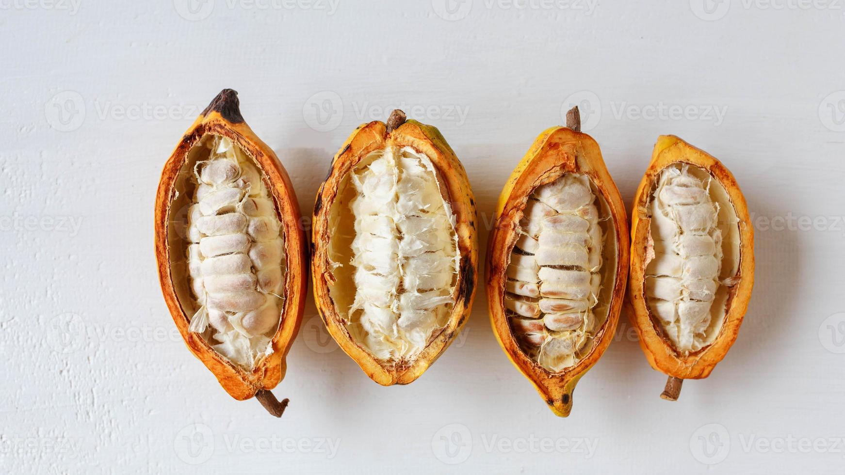 Half cacao pods with cocoa fruit on white wooden table photo