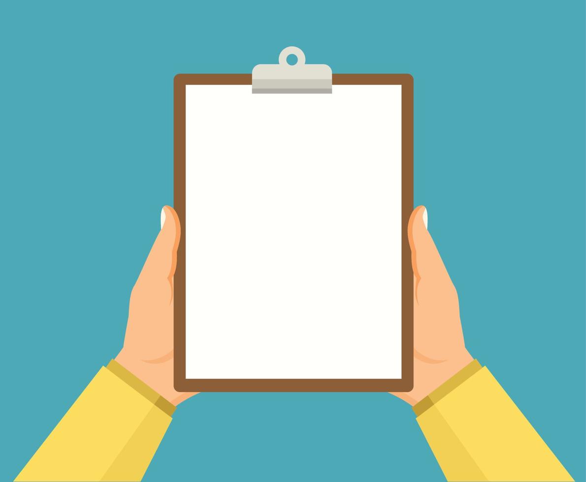 Blank clipboard in hands businessman. Empty space for text. Man points finger area for text. Vector illustration, flat design. Blank sheet white paper. Place for communication, questionnaire, report