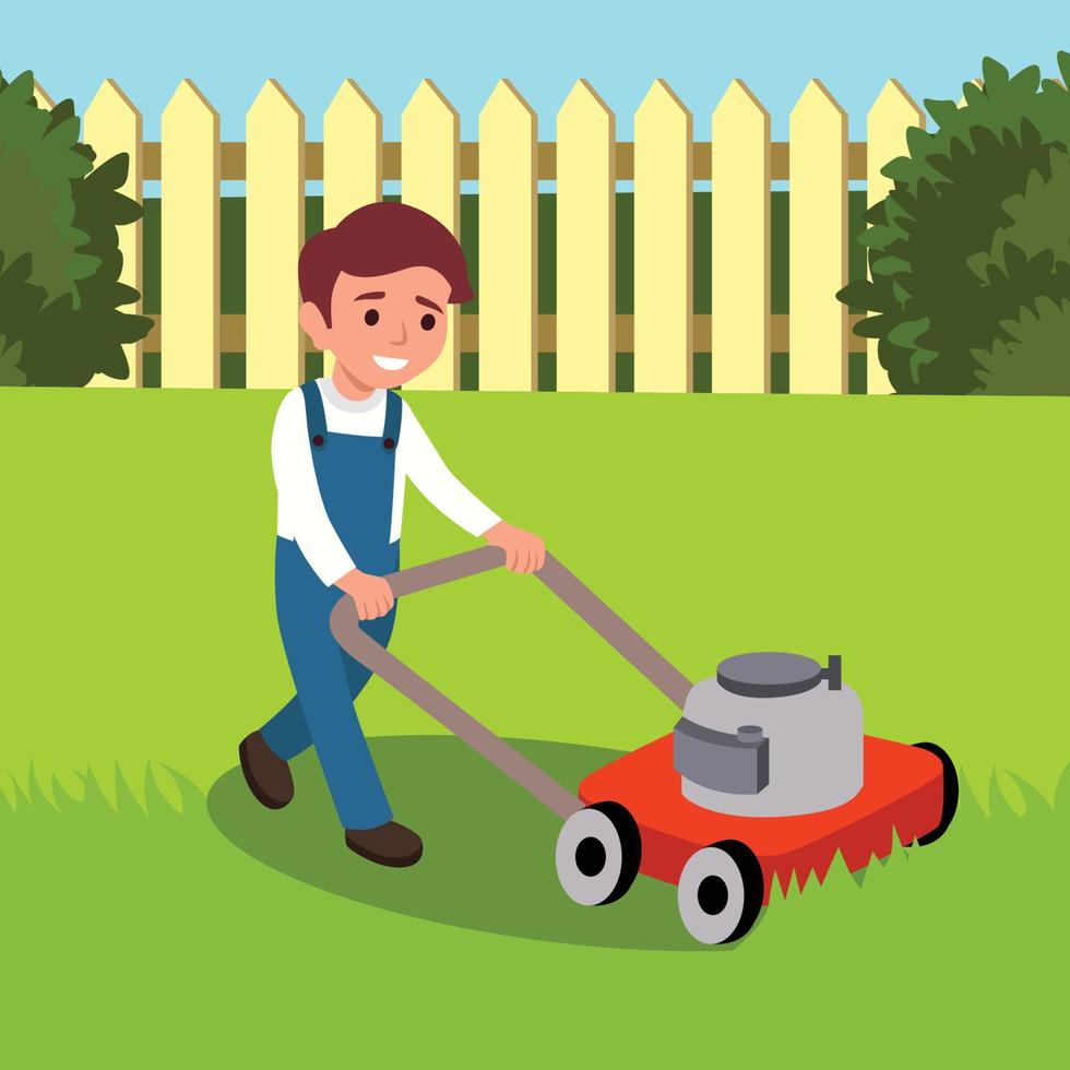 ilustración vectorial de un niño cortando hierba con una cortadora de césped aislada de fondo blanco. niño lindo haciendo trabajos de jardinería. imagen de actividad de jardinería de primavera con carácter divertido vector