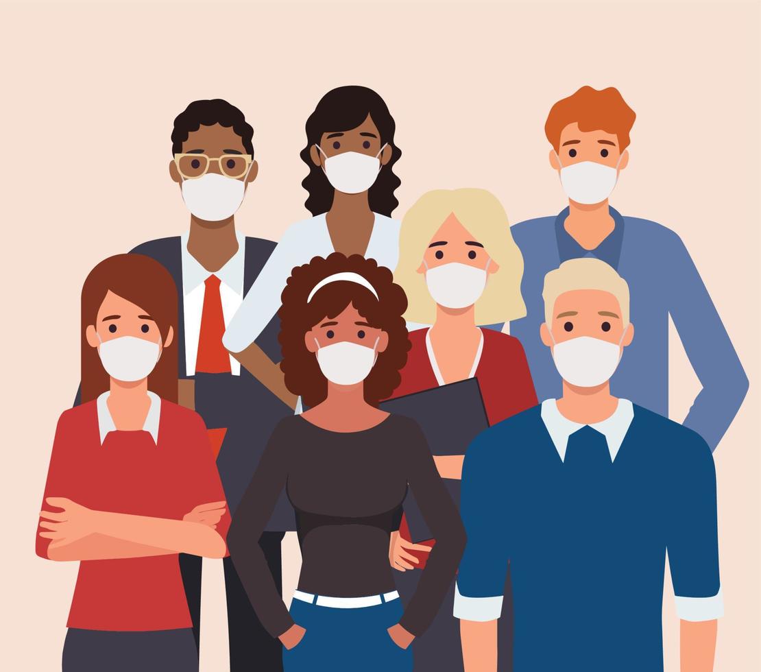 grupo de personas que usan máscaras médicas para prevenir enfermedades, gripe, contaminación del aire, aire contaminado, contaminación mundial. corona virus.vector ilustración en un estilo plano vector