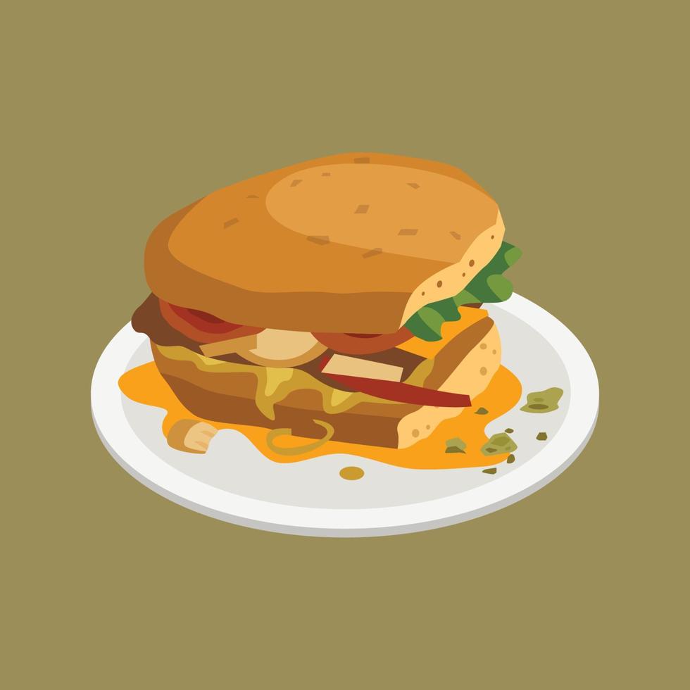 sandwich leftovers with tomatoes, onion, chicken meat on dirty plate vector