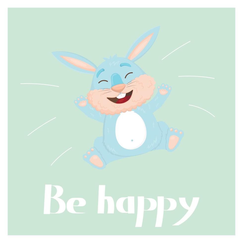 Greeting card with a cheerful blue jumping rabbit vector