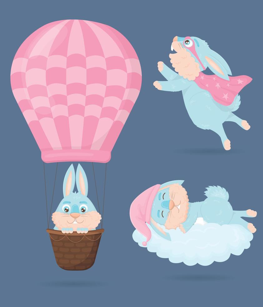 colección de lindos conejos azules de dibujos animados vector