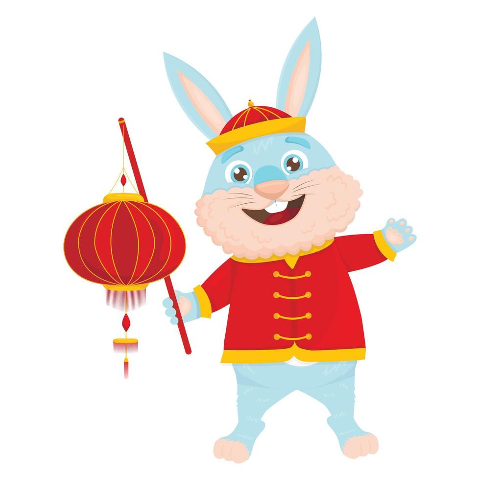 Cute cartoon blue rabbit in national chinese with a lantern vector