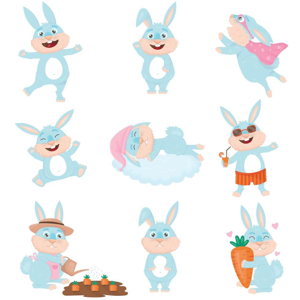 Collection of cute blue cartoon rabbits vector