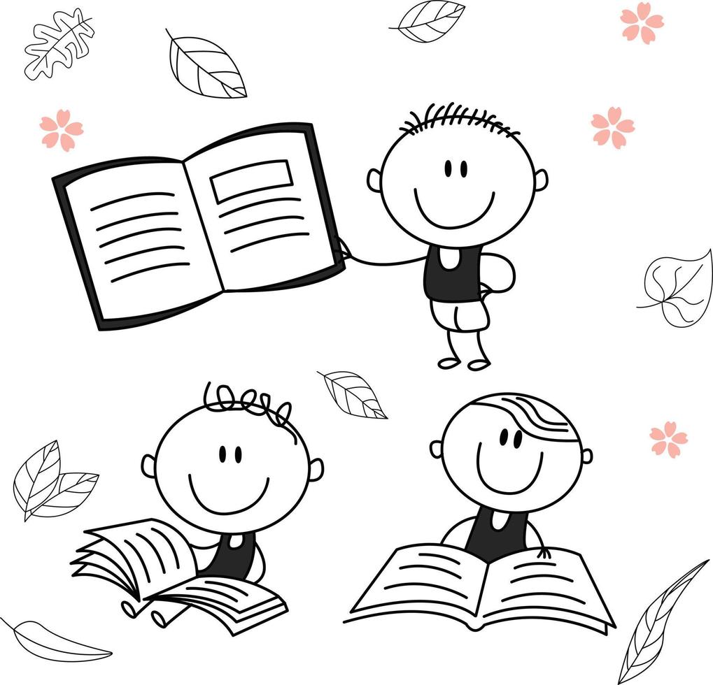 Traditional vector illustration of a child with a big smile, child character reading a book