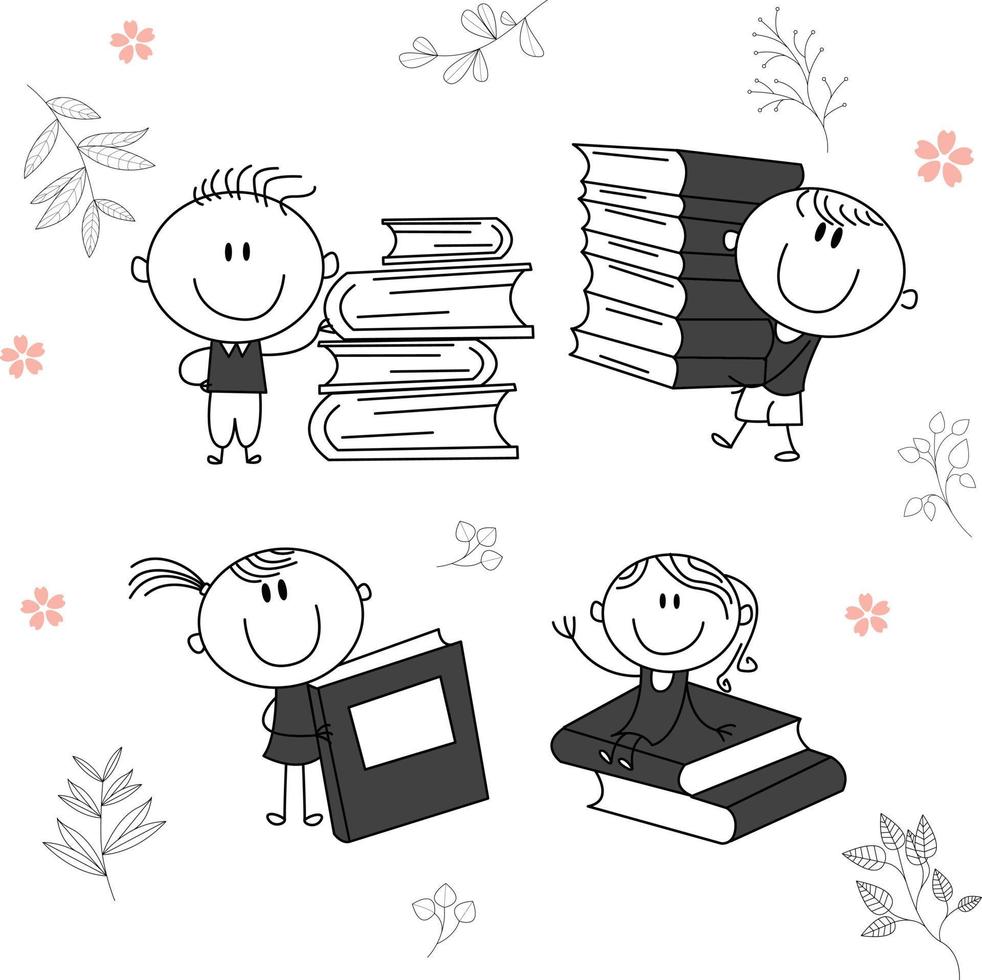 Traditional vector illustration of a child with a big smile, child character carrying a book