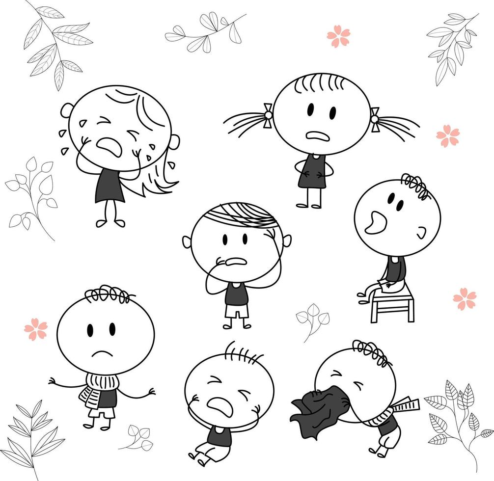 Traditional vector illustration of a child with a big smile, sick child character