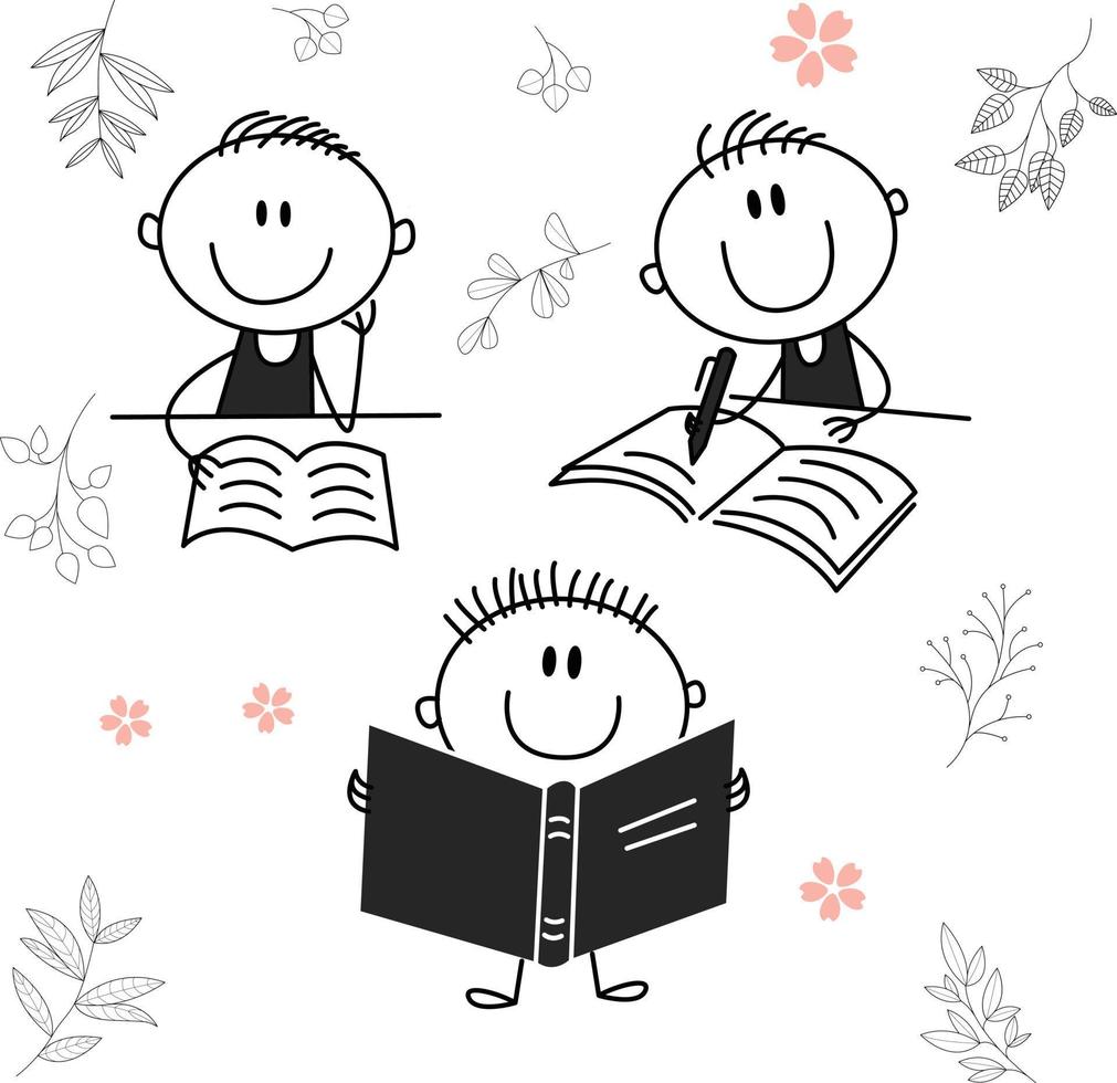 Traditional vector illustration of a child with a big smile, child character reading a book