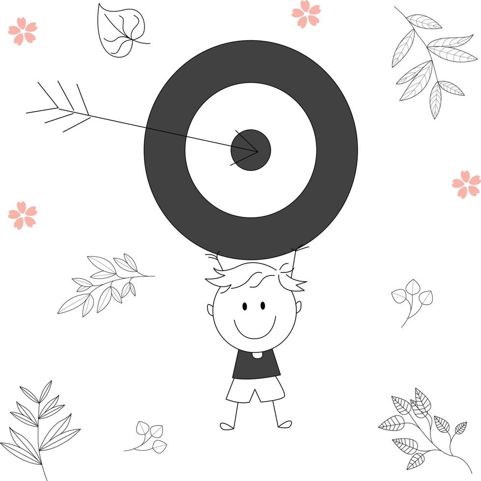 Traditional vector illustration of a child with a big smile, child character with target