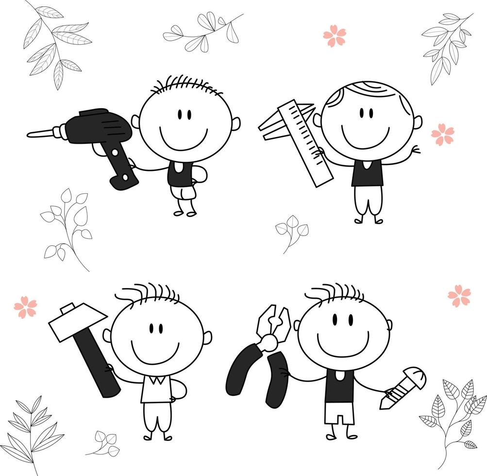 Traditional vector illustration of a child with a big smile, carpenter