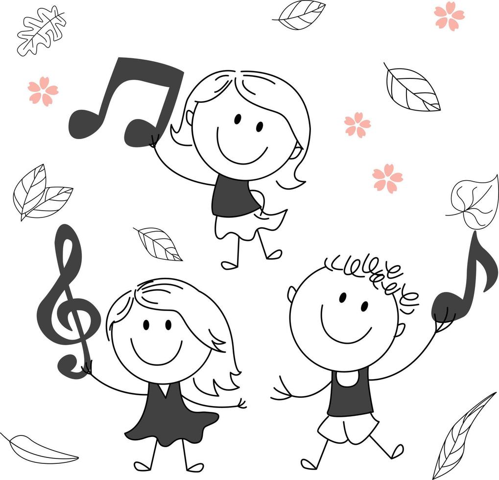 Traditional vector illustration of a child with a big smile, music