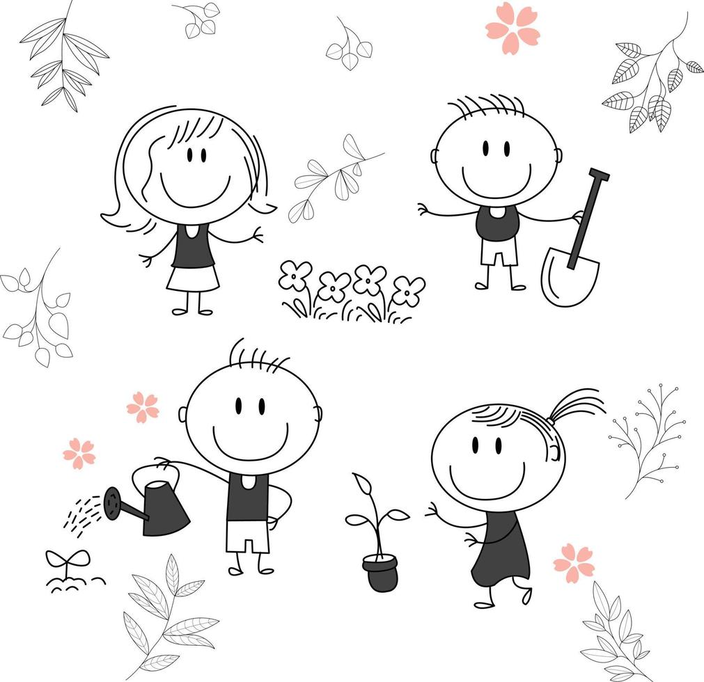 Traditional vector illustration of a child with a big smile, gardener