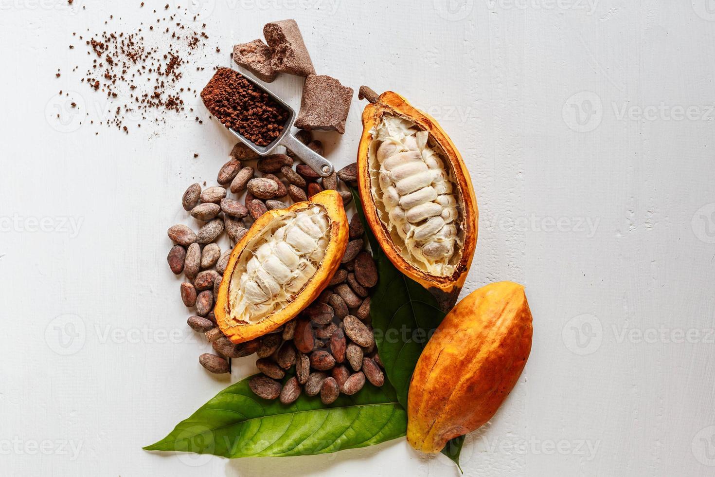 Half cacao pods with cacao fruit and brown cocoa    powder photo