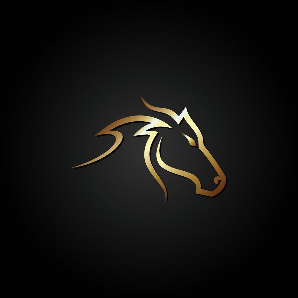 logotipo de cabeza de caballo dorado. Ilustración de vector de icono de caballo aislado sobre fondo negro.