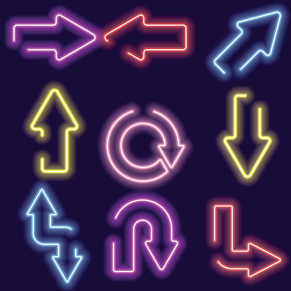 Arrow icons. Arrows vector set with neon glow effect isolated on blue background.