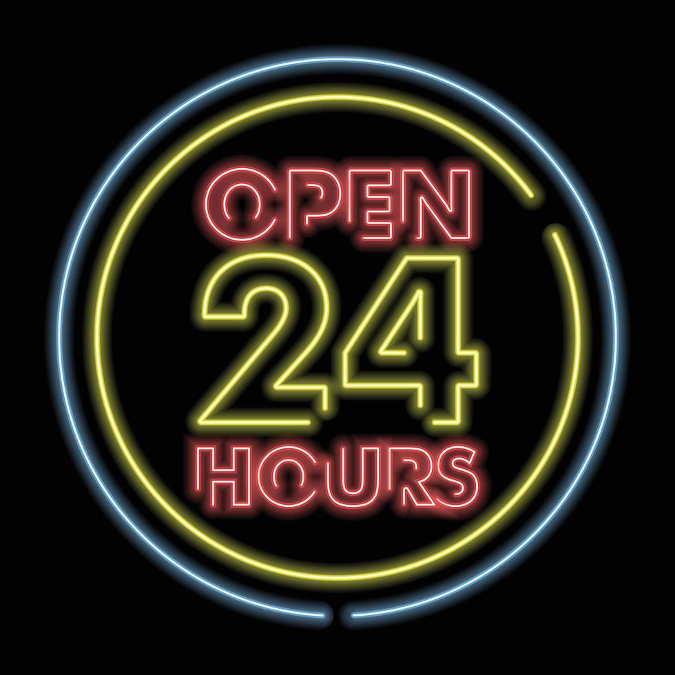 24h illustration. Open 24h icon. Open Twenty-four hours vector neon sign.