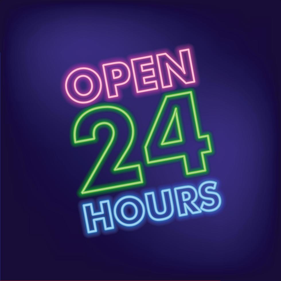ilustración de 24 horas. icono abierto 24h. abierto las veinticuatro horas del cartel de neón vectorial. vector