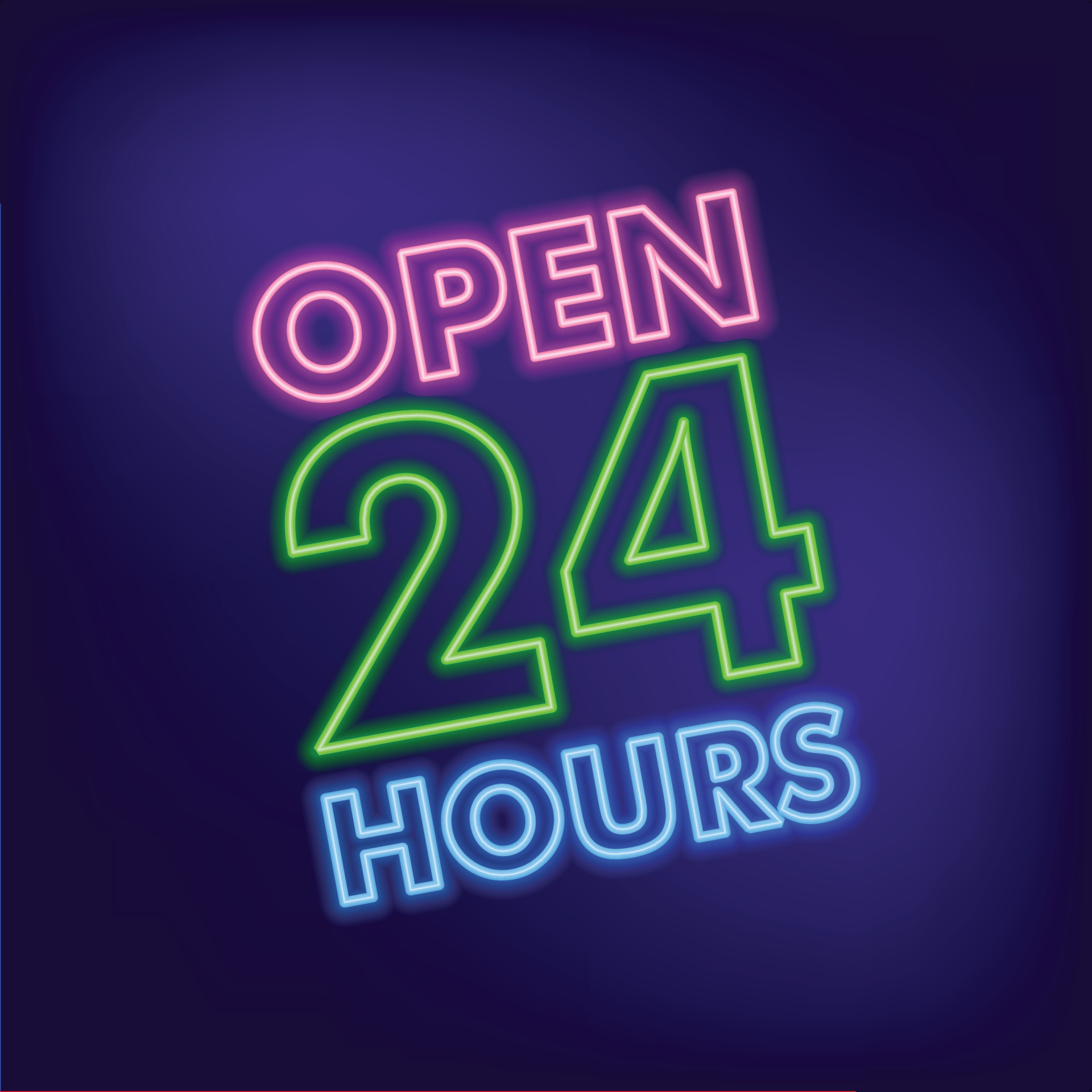 24h illustration. Open 24h icon. Open Twentyfour hours vector neon