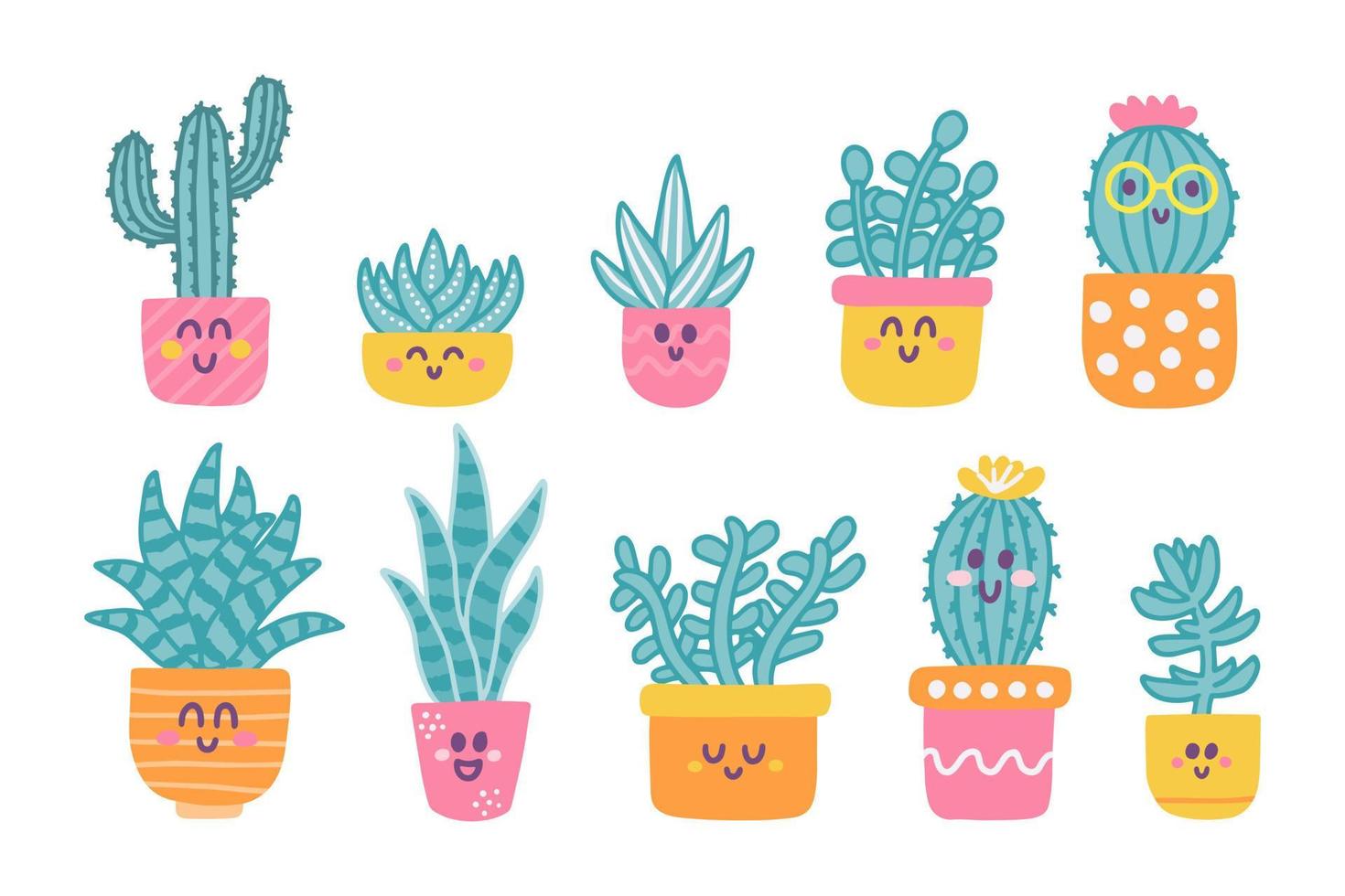 lindos suculentos y cactus sobre fondo blanco. conjunto vectorial de plantas interiores en estilo plano dibujado a mano con sonrisas y caras graciosas vector