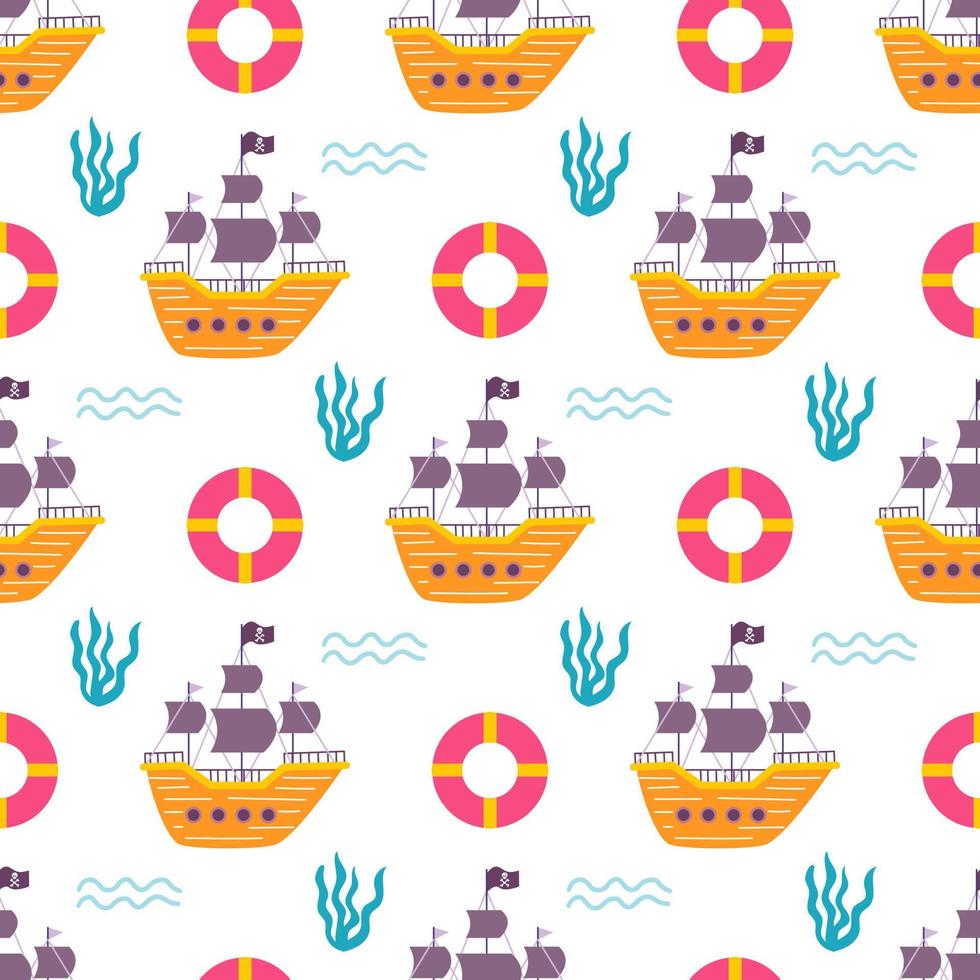 Pirate ship with lifebuoy at sea, vector seamless pattern