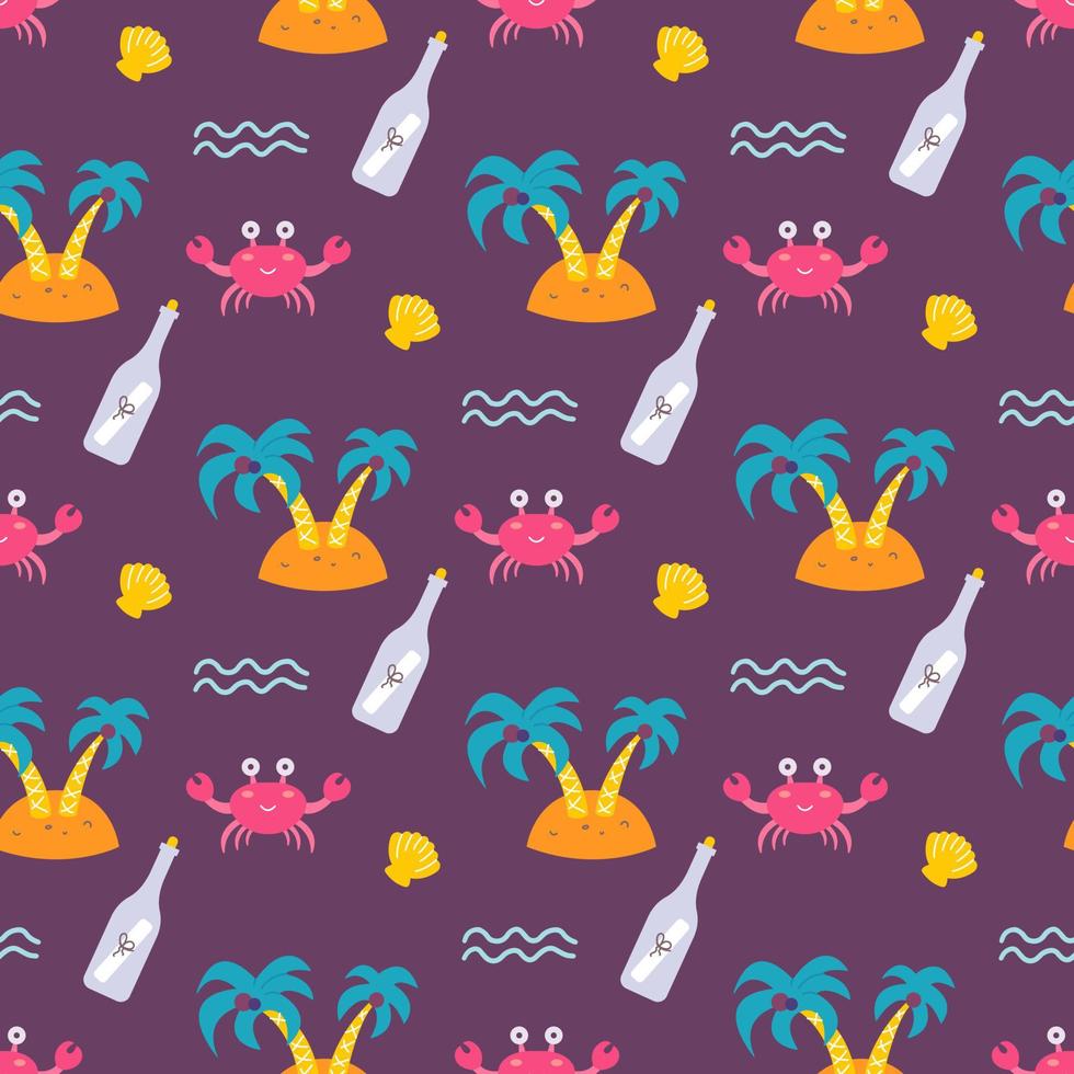 An island with palm trees and crab on dark background, vector seamless pattern